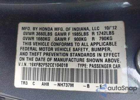 2012 Honda Civic Lx из США, поврежденный, VIN 19XFB2F52CE104018